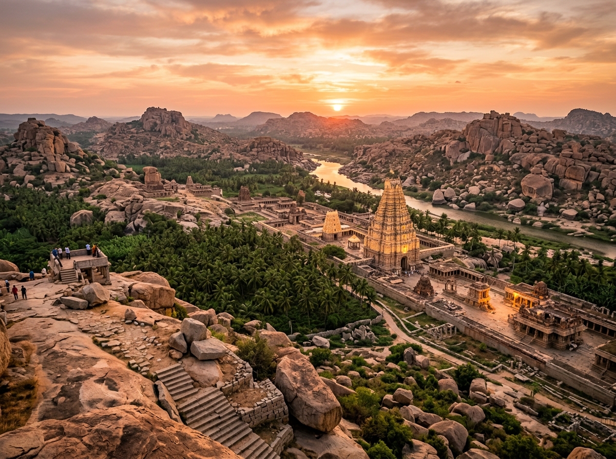Panoramic sunset over boulders and temples in Hampi